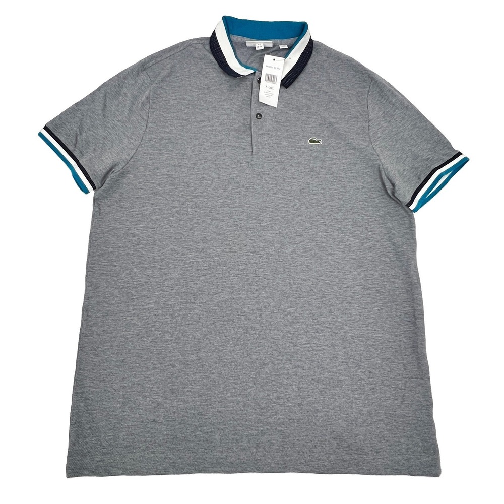 Lacoste Matte Piping Slim Fit Petit Pique Polo Shirt Grey/Blue 7/XXL - Picture 2 of 11